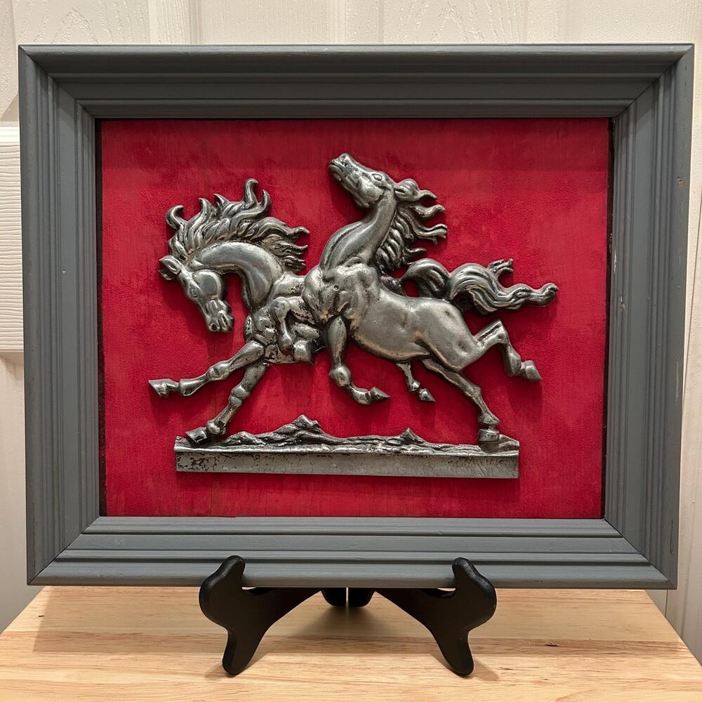 Vintage Pewter Relief Wild Stallions in Hand-Crafted Wooden Frame